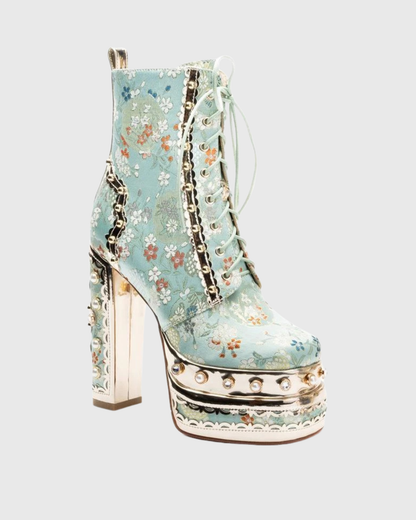 Valeria Vintage Embroidery Platform Ankle Boots In Blue