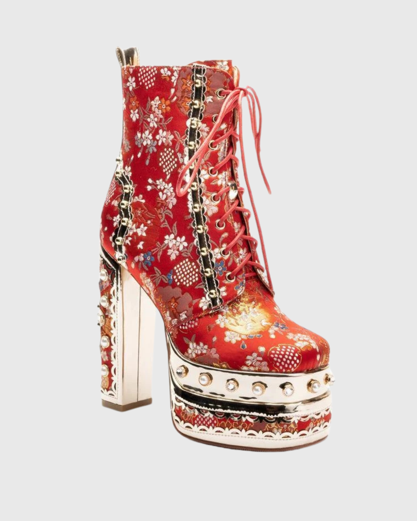 Valeria Vintage Embroidery Platform Ankle Boots In Red