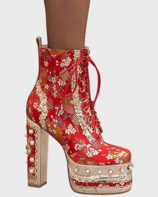 Valeria Vintage Embroidery Platform Ankle Boots In Red