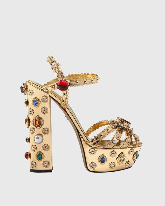 Valeria Rhinestone Vintage Platform Sandals In Gold