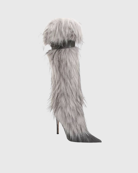 Vallea Faux Fur Knee High Boots In Grey