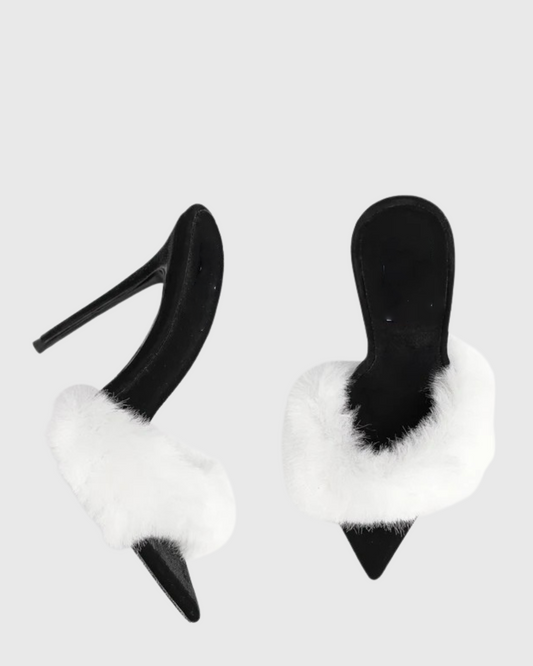 Vallea Faux Fur Slippers In Black & White