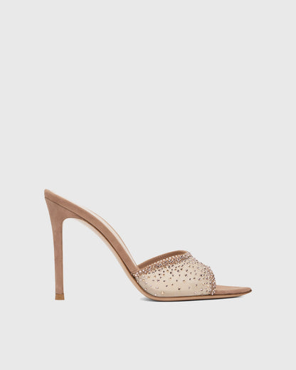 Vasha Rhinestone Mesh Slippers In Beige