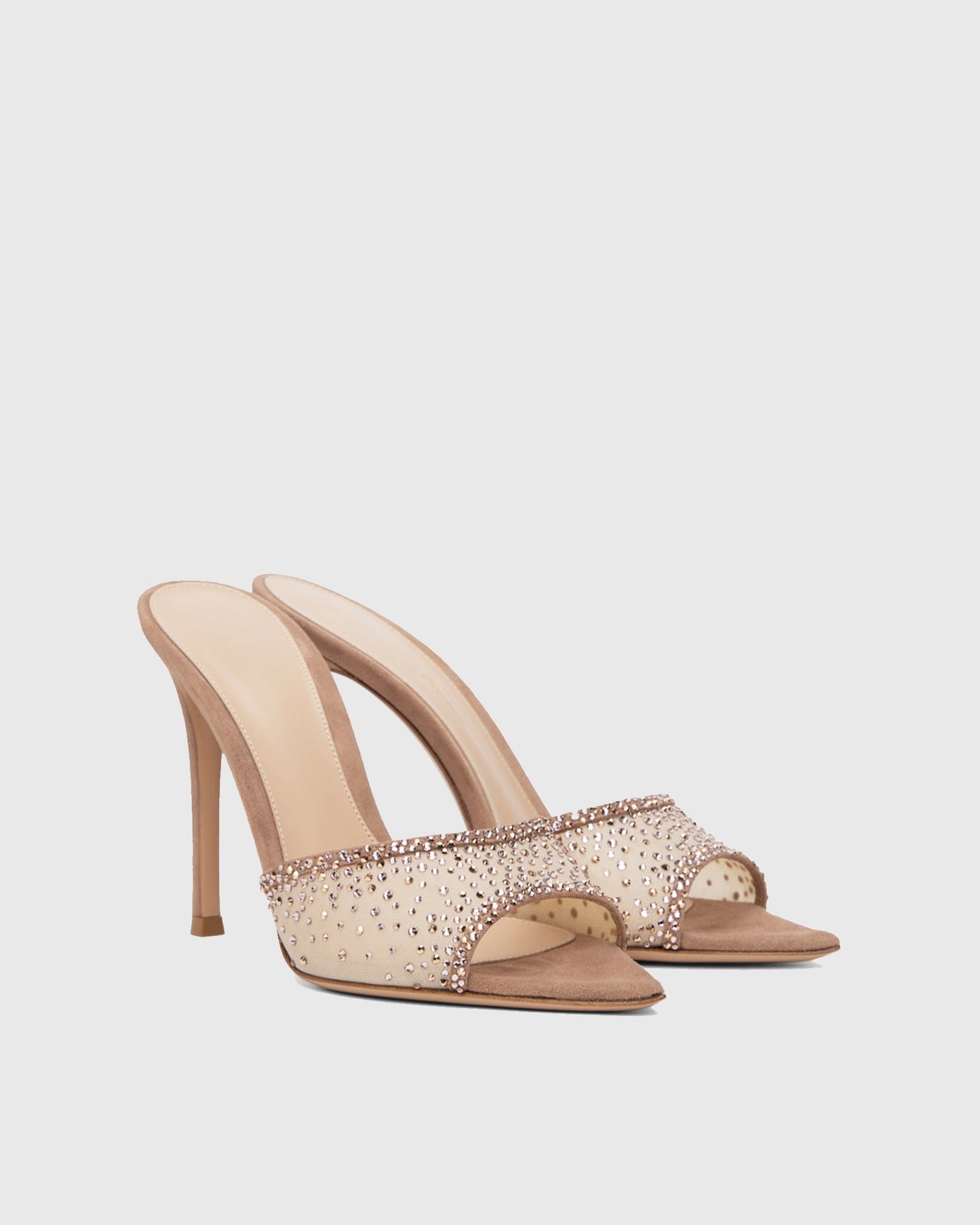 Vasha Rhinestone Mesh Slippers In Beige