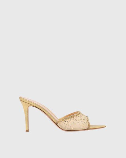 Vasha Rhinestone Mesh Slippers In Gold