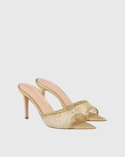 Vasha Rhinestone Mesh Slippers In Gold