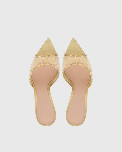 Vasha Rhinestone Mesh Slippers In Gold