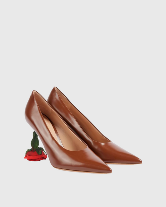 Venice Flower Heel Leather Pumps In Brown