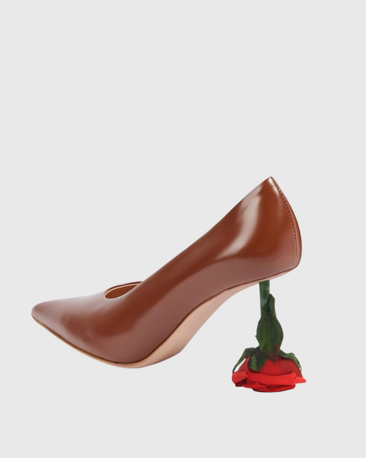Venice Flower Heel Leather Pumps In Brown