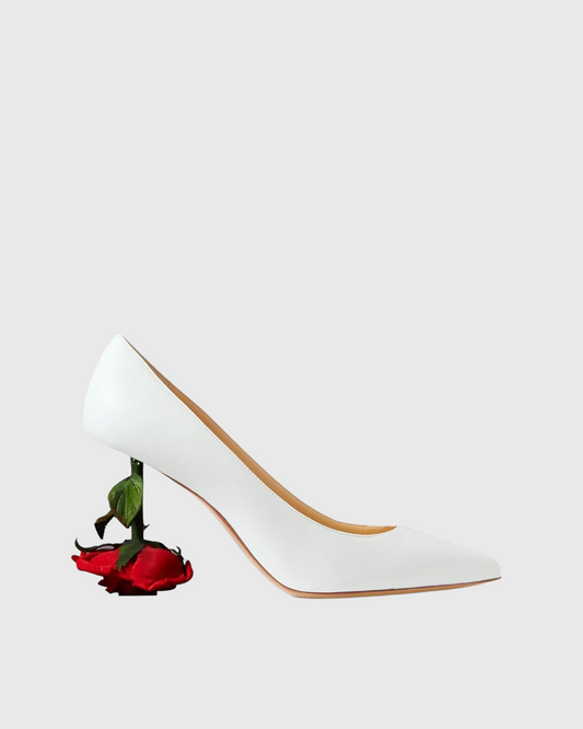 Venice Flower Heel Leather Pumps In White