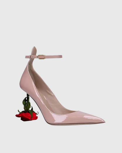 Venice Flower Heel Patent Leather Strap Pumps In Pink
