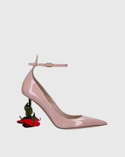 Venice Flower Heel Patent Leather Strap Pumps In Pink