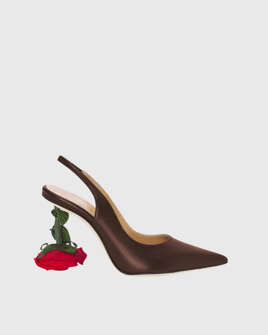 Venice Flower Heel Satin Slingback Pumps In Dark Brown