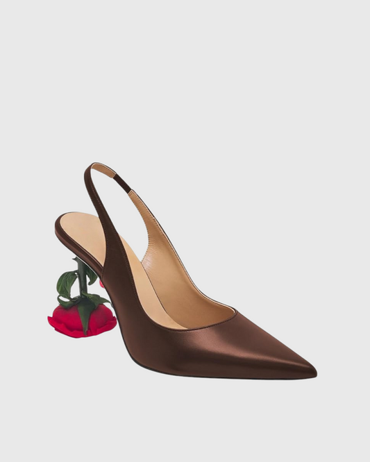 Venice Flower Heel Satin Slingback Pumps In Dark Brown