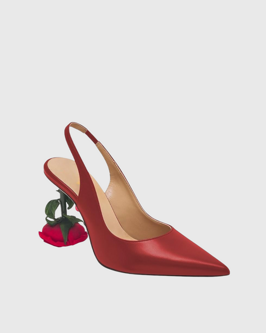 Venice Flower Heel Satin Slingback Pumps In Red