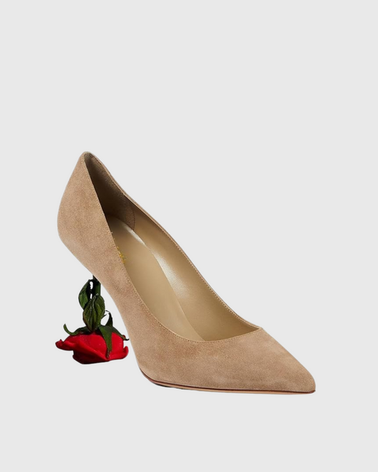 Venice Flower Heel Suede Pumps In Beige