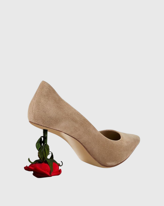 Venice Flower Heel Suede Pumps In Beige