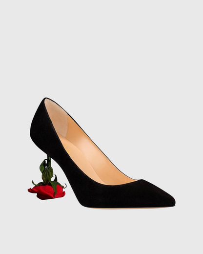 Venice Flower Heel Suede Pumps In Black