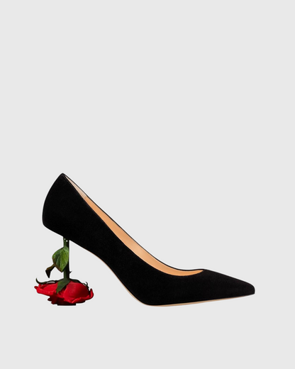 Venice Flower Heel Suede Pumps In Black