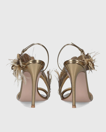 Vera Feather Slingback Sandals In Gold