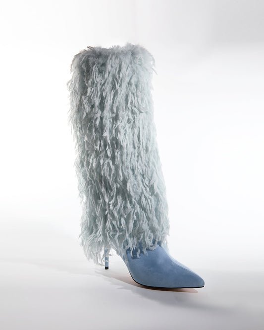 Vinceta Feather Knee High Boots In Baby Blue