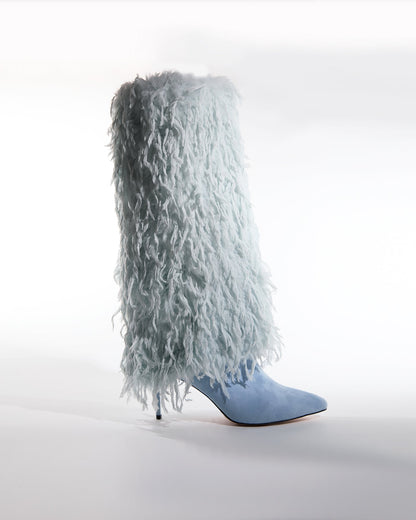 Vinceta Feather Knee High Boots In Baby Blue