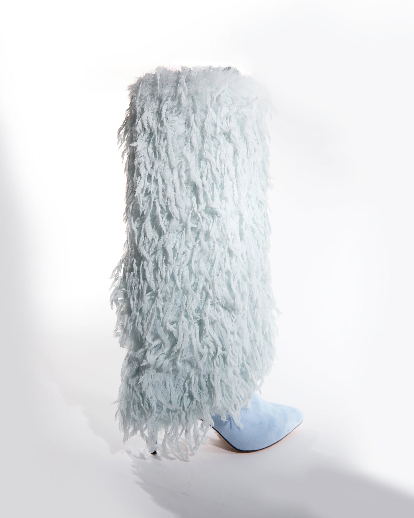 Vinceta Feather Knee High Boots In Baby Blue