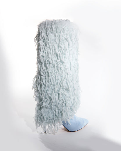 Vinceta Feather Knee High Boots In Baby Blue