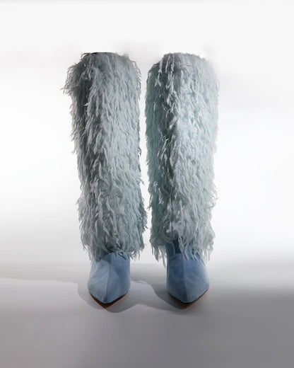 Vinceta Feather Knee High Boots In Baby Blue