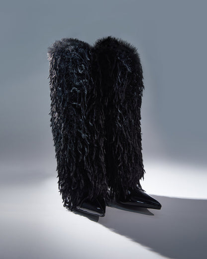 Vinceta Feather Knee High Boots In Black