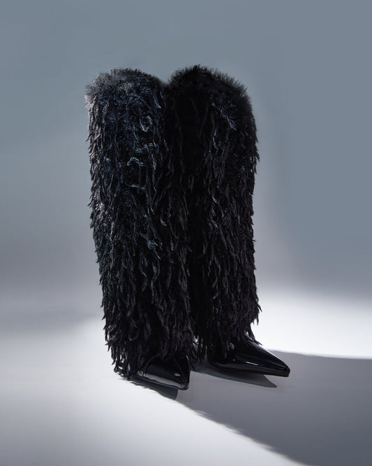 Vinceta Feather Knee High Boots In Black