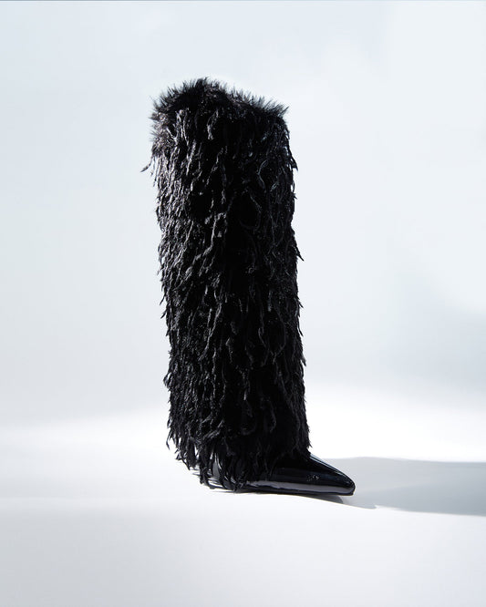 Vinceta Feather Knee High Boots In Black