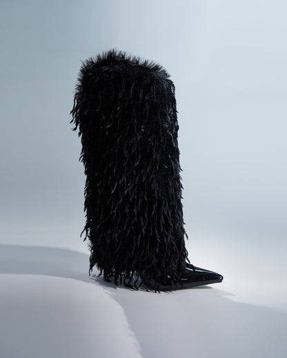 Vinceta Feather Knee High Boots In Black