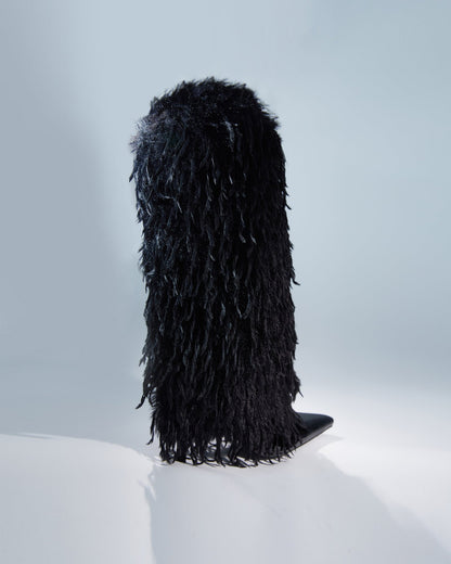 Vinceta Feather Knee High Boots In Black