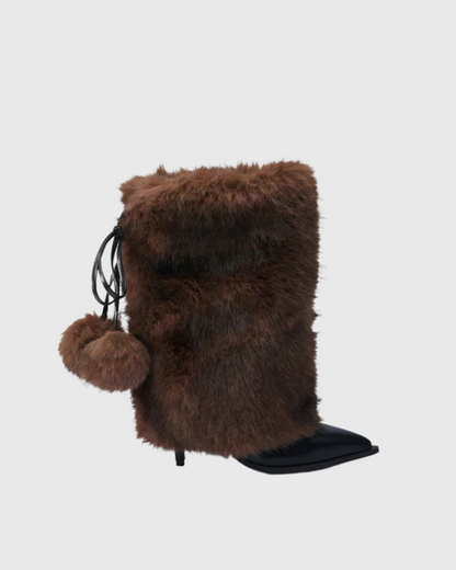 Vinceta Faux Fur Ball Tie Up Ankle Boots