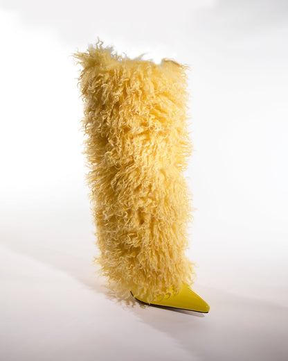 Vinceta Feather Knee High Boots In Butter Yellow
