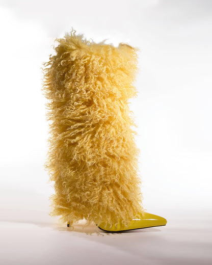 Vinceta Feather Knee High Boots In Butter Yellow