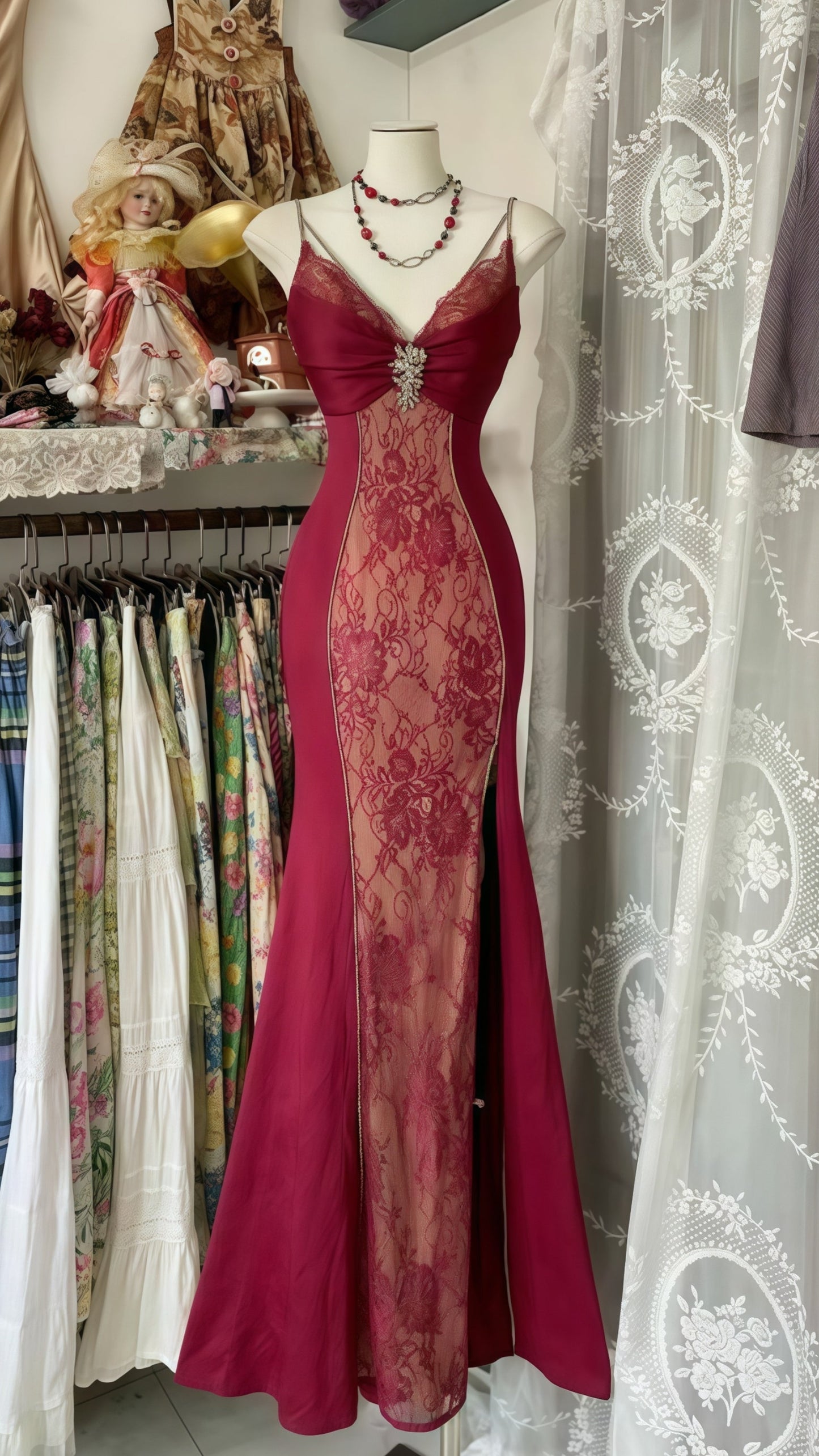 Vintage Burgundy Lace Party Dress, Cosplay Long Dress
