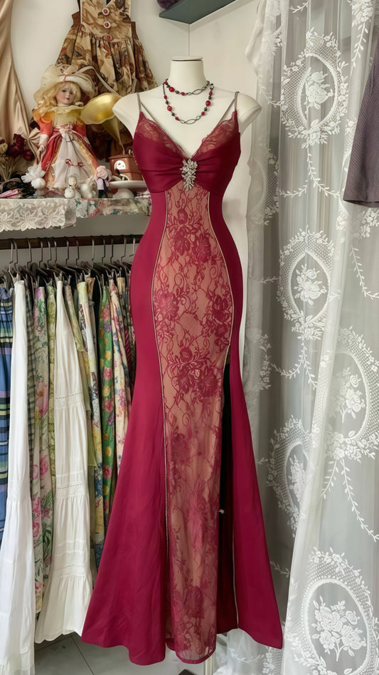 Vintage Burgundy Lace Party Dress, Cosplay Long Dress