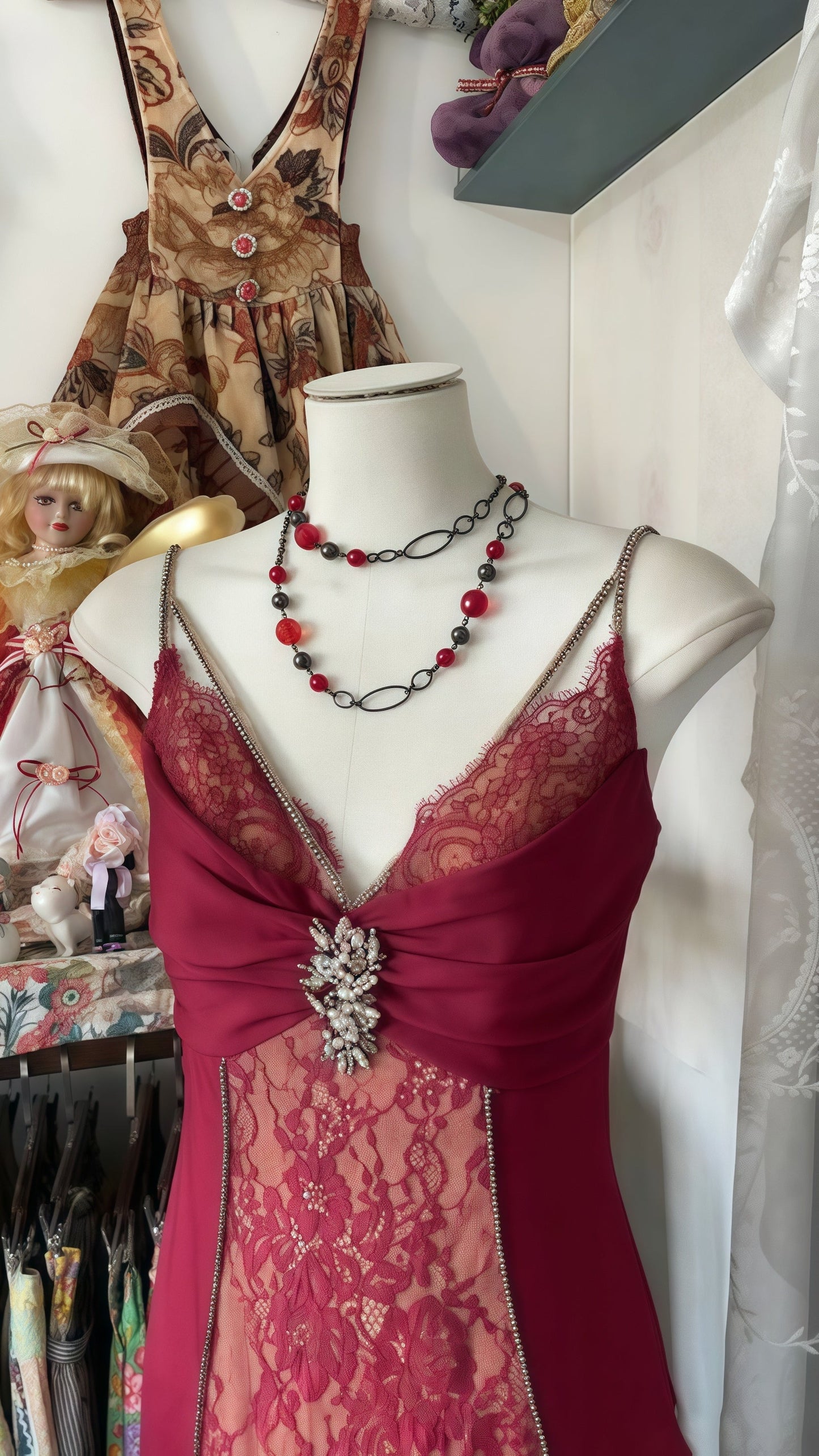 Vintage Burgundy Lace Party Dress, Cosplay Long Dress