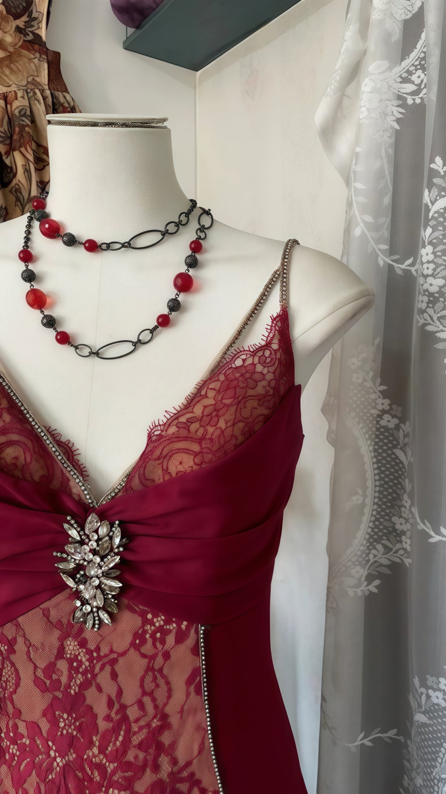 Vintage Burgundy Lace Party Dress, Cosplay Long Dress