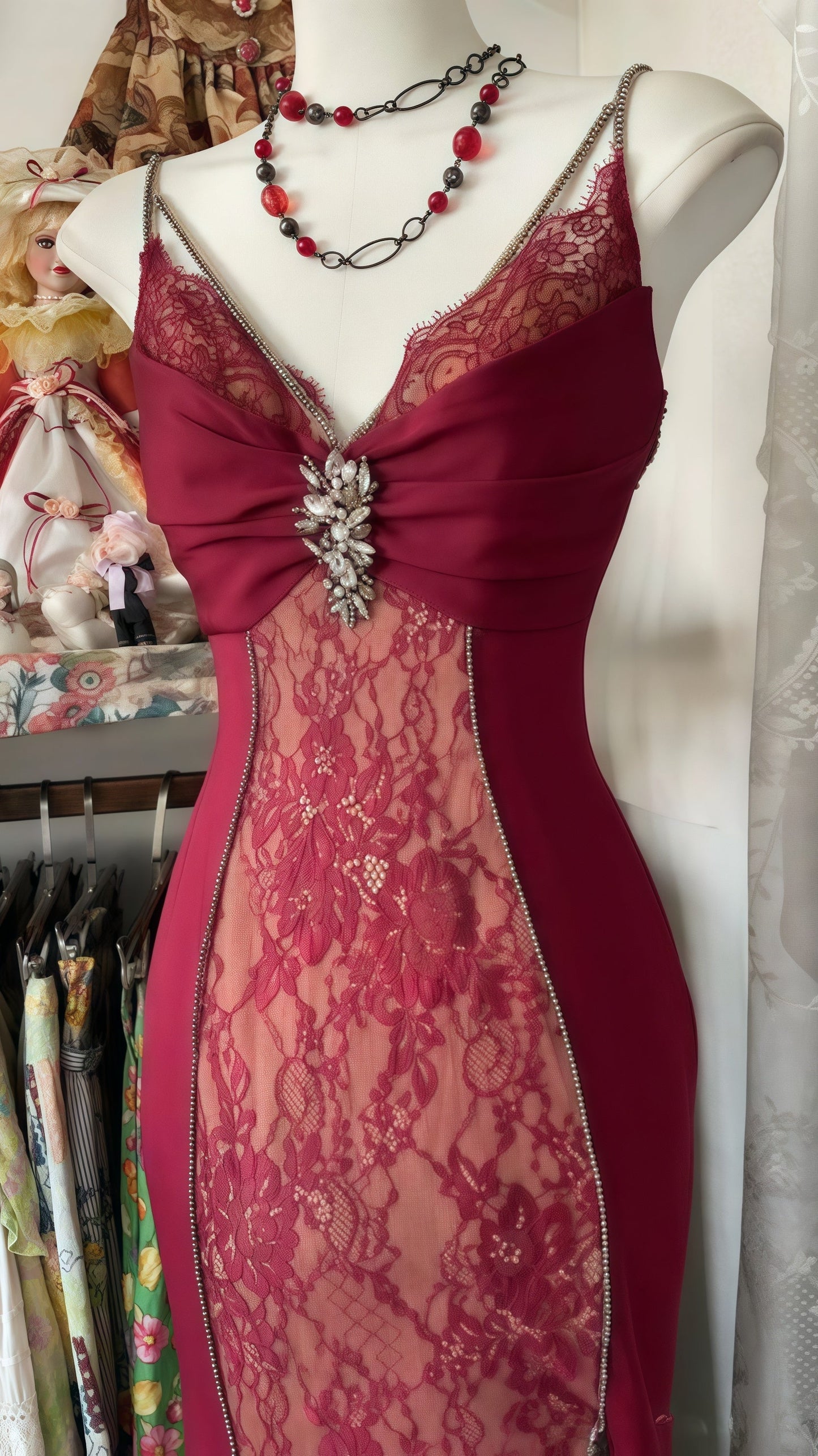 Vintage Burgundy Lace Party Dress, Cosplay Long Dress