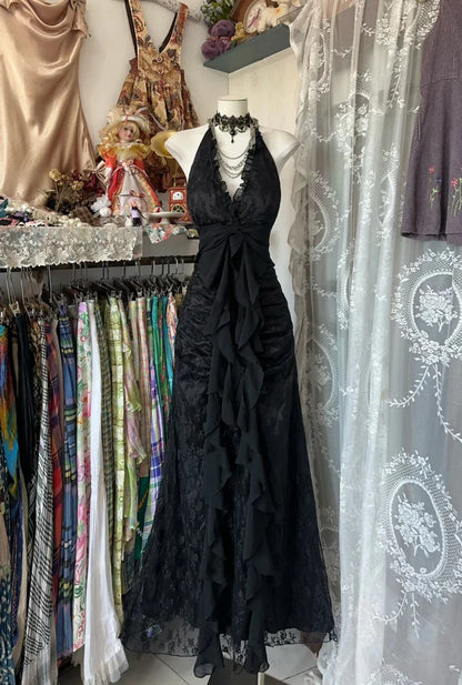 Vintage Mermaid Halter Sleeveless Long Black Lace Evening Dress Prom Dresses
