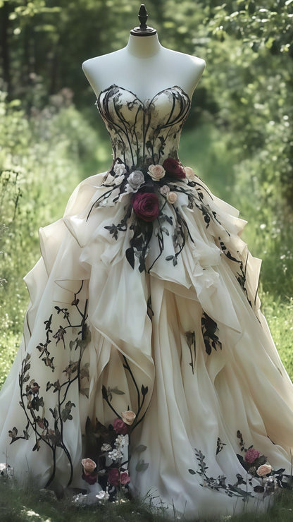 Vintage Sweetheart Floral Party Dress, Ivory Ruffle Ball Gown