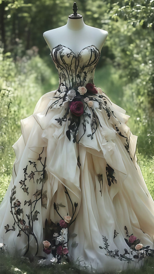 Vintage Sweetheart Floral Party Dress, Ivory Ruffle Ball Gown