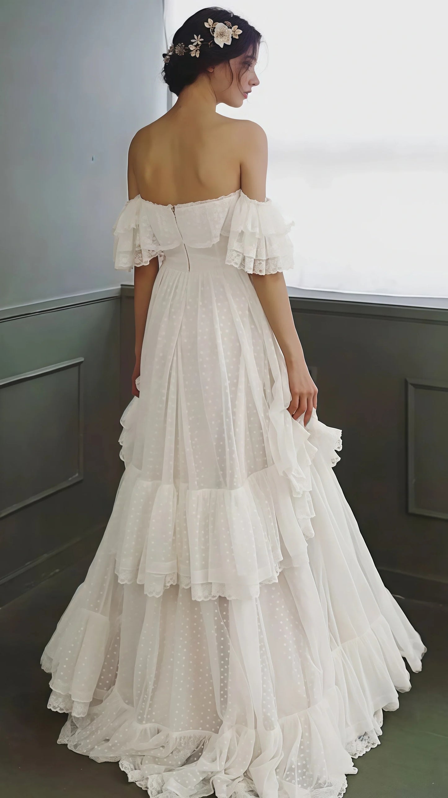 Vintage White Off The Shoulder Dots Ruffle Party Dresses