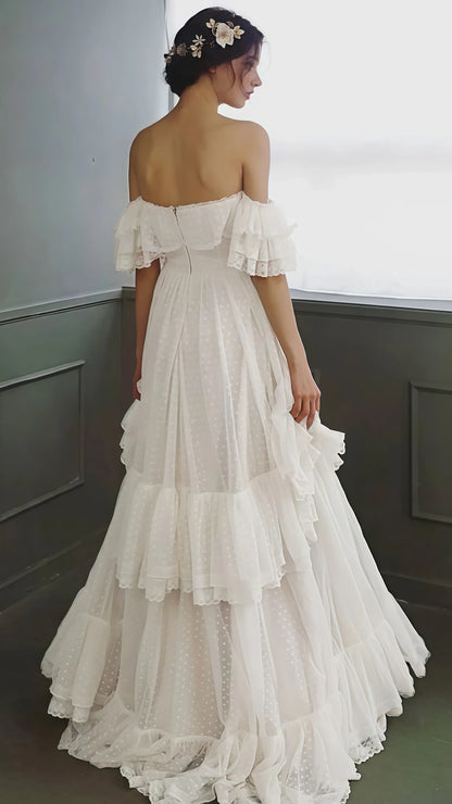 Vintage White Off The Shoulder Dots Ruffle Party Dresses