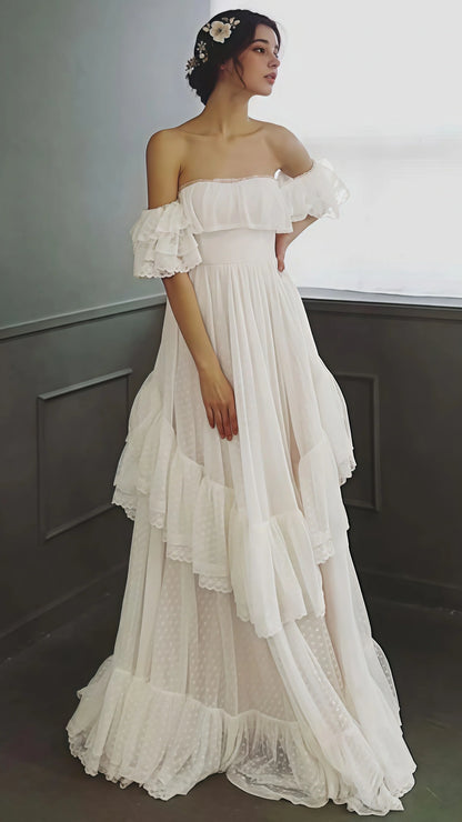 Vintage White Off The Shoulder Dots Ruffle Party Dresses