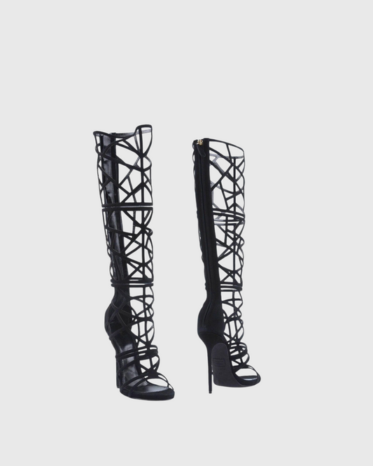 Virna Black Cage Knee High Boots