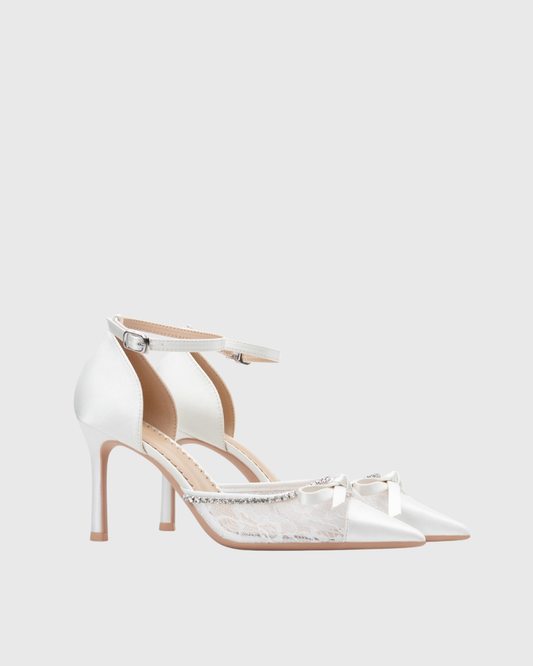 Vita Bow Lace Rhinestone Strap Pumps